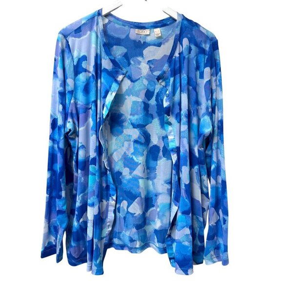LOGO Lori Goldstein Stretch Mesh Cardigan XL Blue Watercolor Sheer Beach Top - Picture 8 of 14